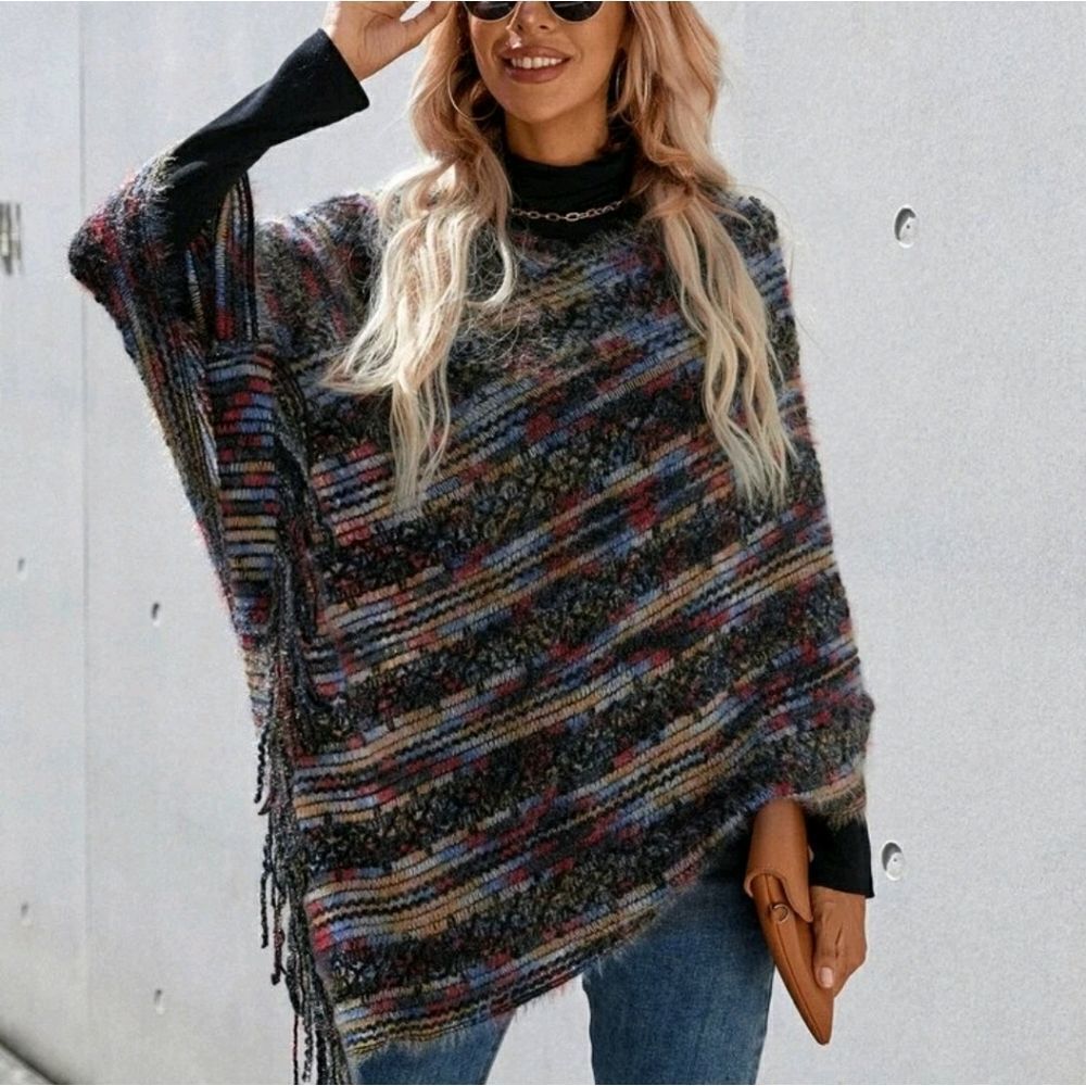 High Neck Fringe Hem Knit Poncho - Picture 4 of 6